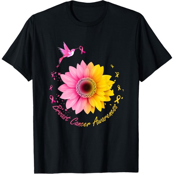 Hummingbird Sunflower Pink Yellow Breast Cancer Awareness T-Shirt