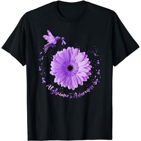 Hummingbird Sunflower Purple Ribbon Alzheimer's Awareness T-Shirt