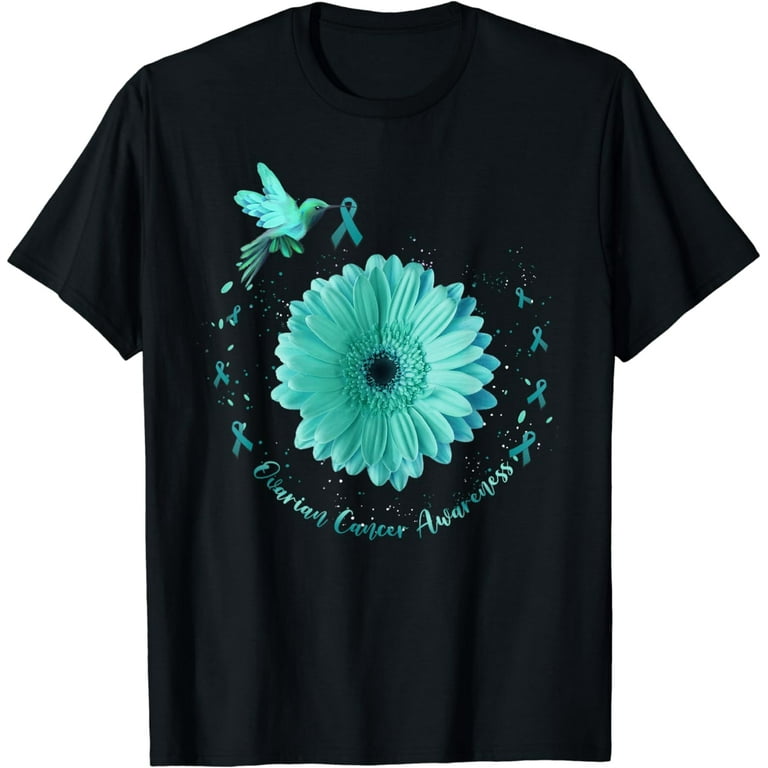 Hummingbird Sunflower Teal Ribbon Ovarian Cancer Awareness T-Shirt Hummingbird Sunflower Teal Ribbon Ovarian Cancer Awareness T-Shirt