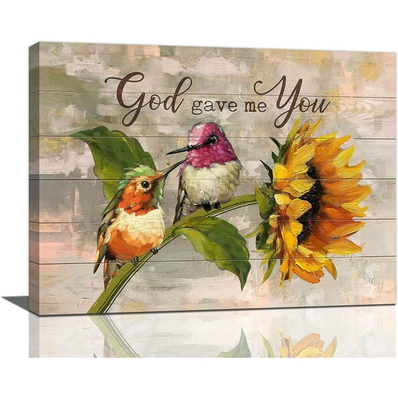 Hummingbird Sunflower Wall Art Bird Flower Pictures Wall Decor Christian God Gave Me You Canvas Prints Framed Artwork Paintings Home Decorations For Bathroom Bedroom Living Room 16"x12"