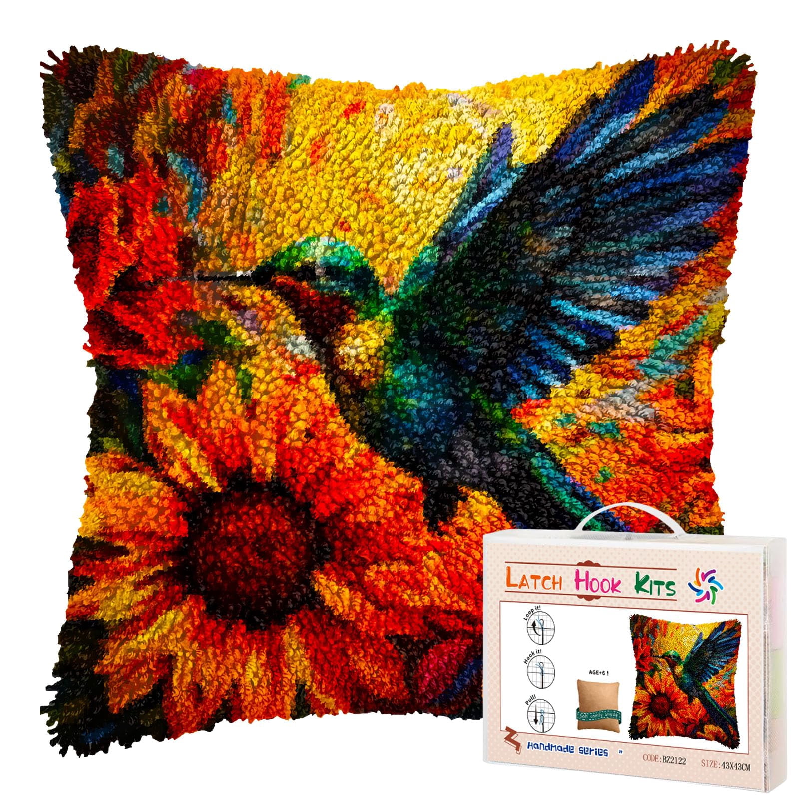 Hummingbird Sunset Sunflowers DIY Latch Hook Pillow Kits for Adults Printed Pillowcase Crochet Yarns Hooking Handmade Pillow Cover Cushion for Home Sofa Decoration 17x17inch(1)