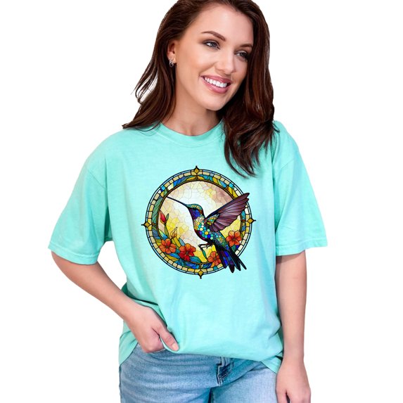 Hummingbird T-Shirt, Colorful Hummingbird Art Tee, Nature Inspired Graphic Shirt, Bird Lovers Casual T-Shirt, Unique Floral Graphic Tee, Chalky Mint Comfort Colors T-Shirt, 2XL