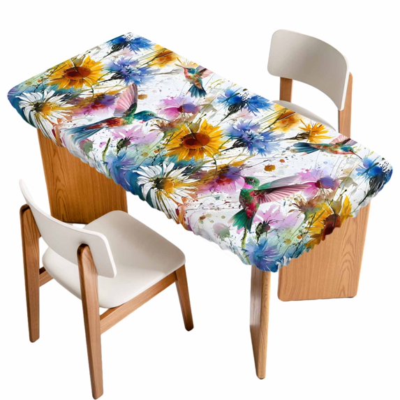 Hummingbird Table Cloths for 3 Foot Rectangle Tables, Spring Farmhouse Oil Painting Sunflowers Patio Waterproof Elastic Fitted Tablecloths, Washable Rectangular Table Cover for Camping