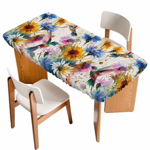 Hummingbird Table Cloths for 4 Foot Rectangle Tables, Spring Vintage Oil Painting Sunflowers Beige Patio Waterproof Elastic Fitted Tablecloths, Washable Rectangular Table Cover for Camping