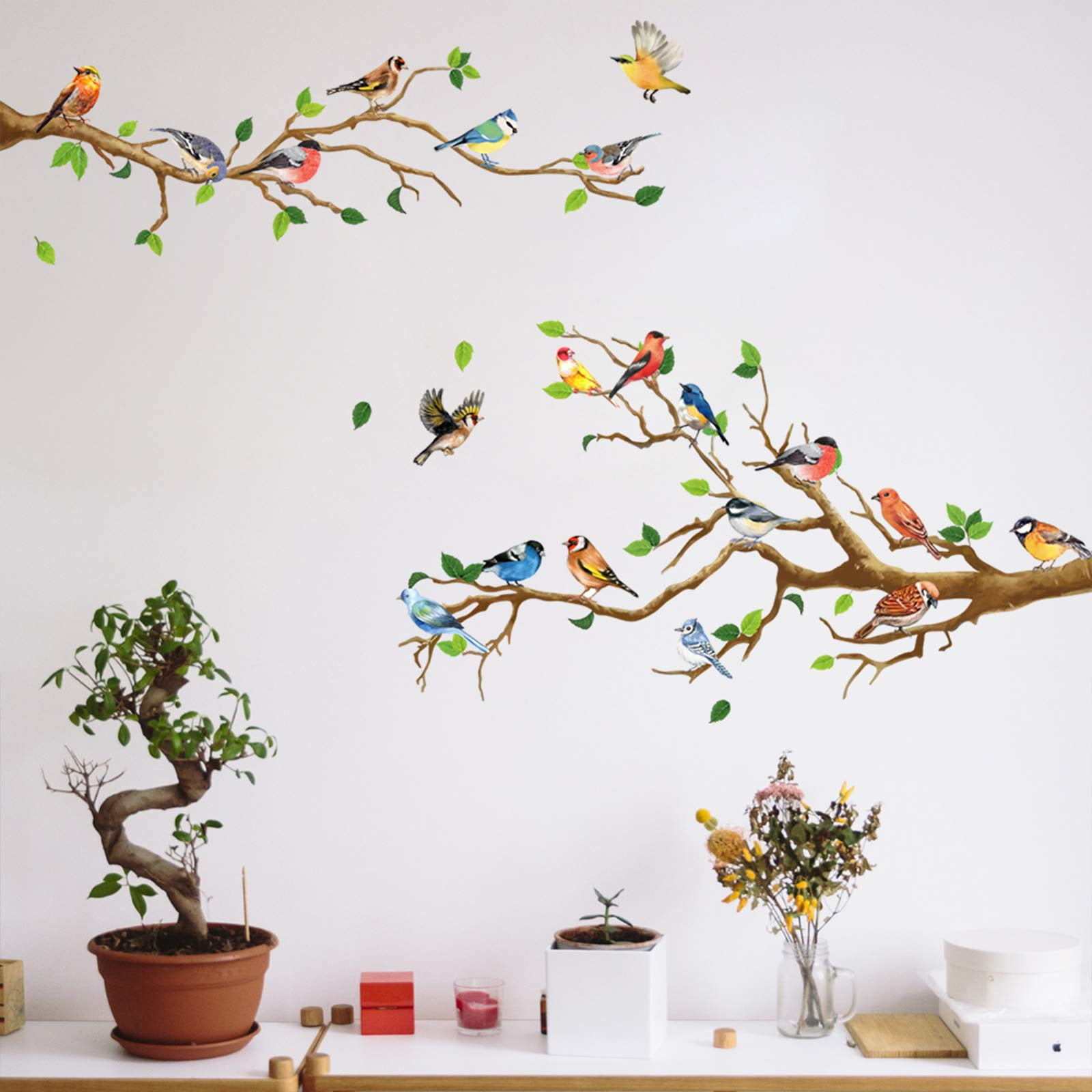 Multicolor Hummingbird and Tree Branch Vinyl Wall Decal Set
