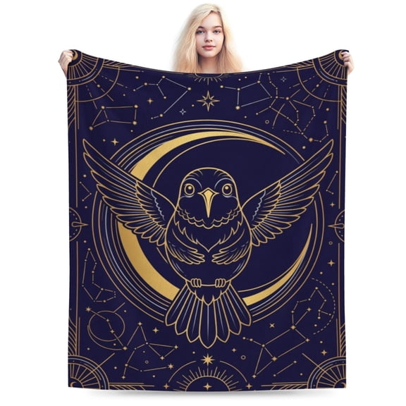 Hummingbird Throw Blanket Celestial Moon Constellation Stars Soft Fleece Blanket for Couch Sofa Bed, Navy Gold Mystical Decorative Blanket 50"x40"