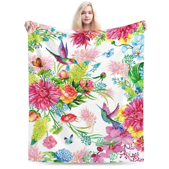 Hummingbird Throw Blanket Floral Flower Throw Blanket Spring Colorful Flannel Fleece Throw Blankets Gifts for Women Children Soft Cozy Plush Throw Blankets 50x40