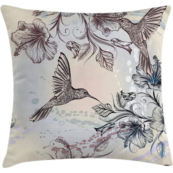 Hummingbird Throw Pillow Cushion Cover, Birds and Hibiscus Flowers Nostalgia Antique Design Classical Print, Decorative Square Accent Pillow Case, 18" X 18", Brown Teal