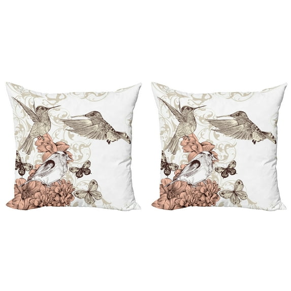 Ambesonne Vintage Throw Pillow Cover 2 Pack, Birds Butterflies Art, 20", Brown Tan