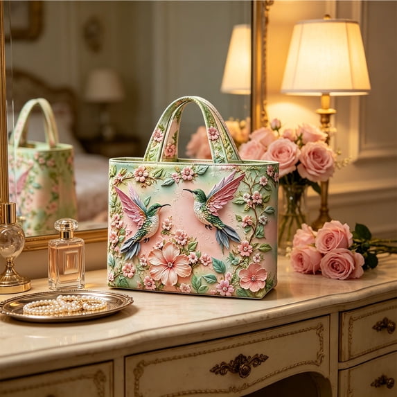 Hummingbird Tote Bag with Floral Pattern, Embroidered Style Polyester Shoulder Handbag, Lightweight Shopping and Commuter Purse for Women