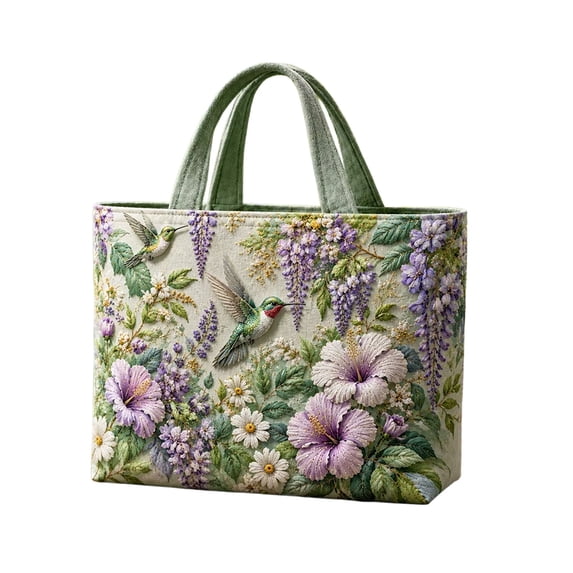 Hummingbird Tote Bag with Floral Pattern, Embroidered Style Polyester Shoulder Handbag, Lightweight Shopping and Commuter Purse for Women