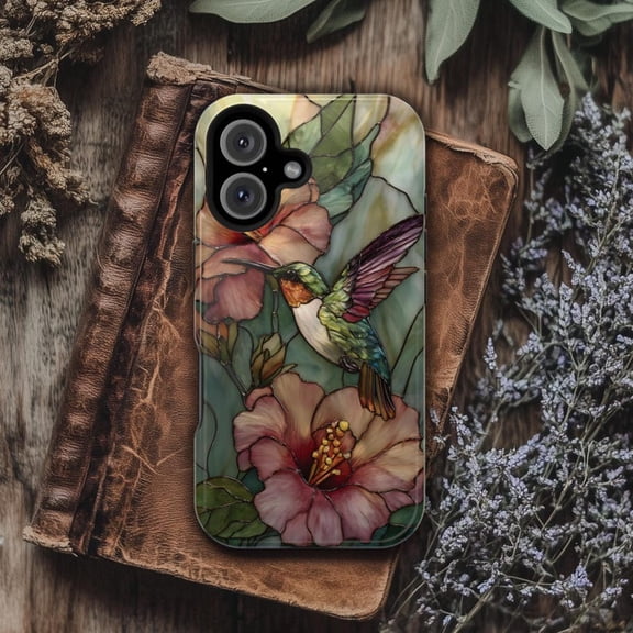 Hummingbird Tough Phone Case, Hummingbird Stained Glass PRINTED Design, Protective Covers for iPhone 17 16 15 14 13 12