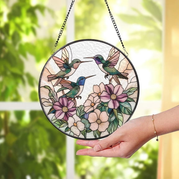 Hummingbird Trio Stained Glass Suncatcher, Pastel Floral Window Hanging, Delicate Garden Decor, Gift for Bird Lovers and Nature Enthusiasts