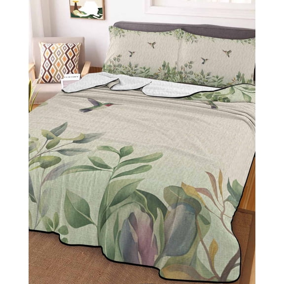 Hummingbird Twin Size Down Alternative Comforter, Lightweight Comforter Quilt Bedding Set with Pillow Shams Sage Green Botanical Leaf Vintage Botanical All Seasons Bed Comforter Duvet Insert 68"x86"