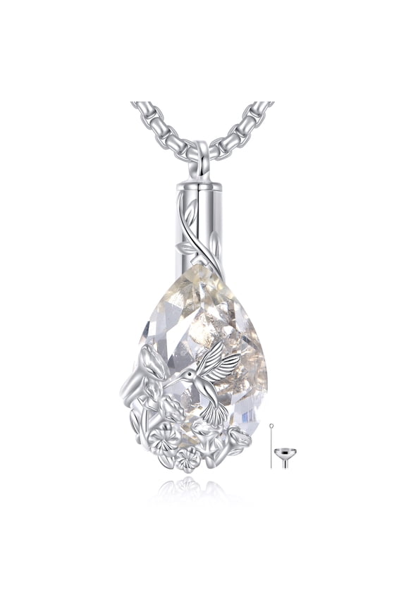 Hummingbird Urn Necklace 925 Sterling Silver Cremation Jewelry Teardrop Crystal Memorial Pendant with Funnel Filler Christmas Gift For Women Mother Wife