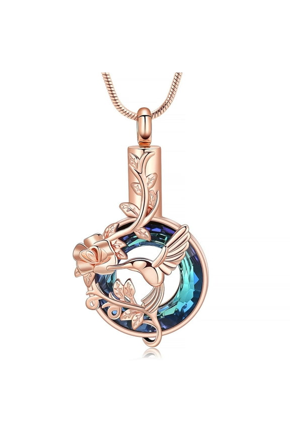 Hummingbird Urn Necklace for Ashes Circular Crystal Cremation Jewelry Stainless Steel Ashes Pendant Rose Flower Keepsake Memorial for Jewelry for Women Men