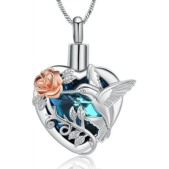 Hummingbird Urn Necklace for Ashes Crystal Heart Urn Ashes Necklace With Crystal Cremation Jewelry W/Funnel Filler Keepsake Memory Jewelry for Women