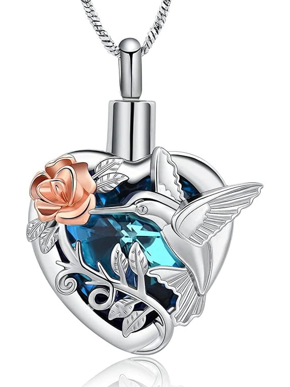 Hummingbird Urn Necklace for Ashes Crystal Heart Urn Ashes Necklace With Crystal Cremation Jewelry W/Funnel Filler Keepsake Memory Jewelry for Women