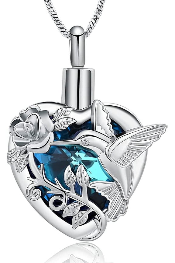 Hummingbird Urn Necklace for Ashes Crystal Heart Urn Ashes Necklace With Crystal Cremation Jewelry With Funnel Filler Keepsake Memory Jewelry for Women