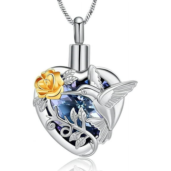 Hummingbird Urn Necklace for Ashes Crystal Heart Urn Ashes Necklace With Crystal Cremation Jewelry W/Funnel Filler Keepsake Memory Jewelry for Women