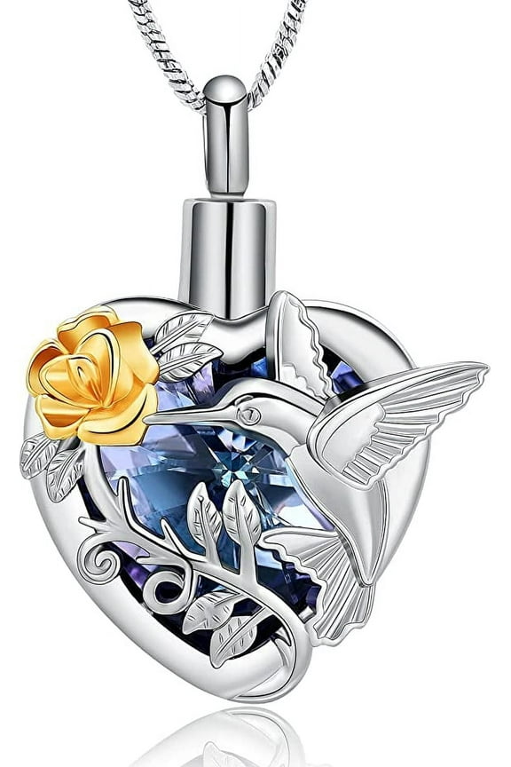Hummingbird Urn Necklace for Ashes Crystal Heart Urn Ashes Necklace With Crystal Cremation Jewelry W/Funnel Filler Keepsake Memory Jewelry for Women