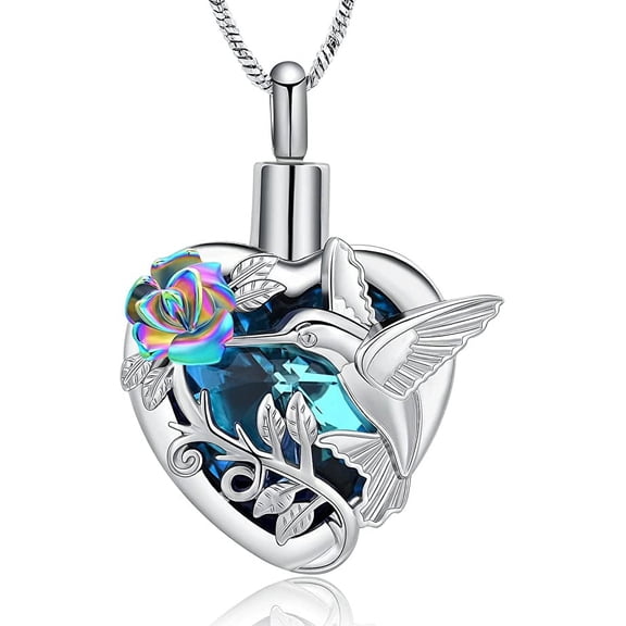 Hummingbird Urn Necklace for Ashes Crystal Heart Urn Ashes Necklace With Crystal Cremation Jewelry W/Funnel Filler Keepsake Memory Jewelry for Women