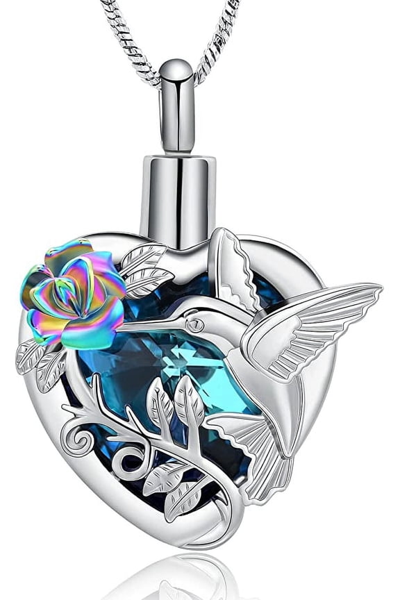 Hummingbird Urn Necklace for Ashes Crystal Heart Urn Ashes Necklace With Crystal Cremation Jewelry W/Funnel Filler Keepsake Memory Jewelry for Women