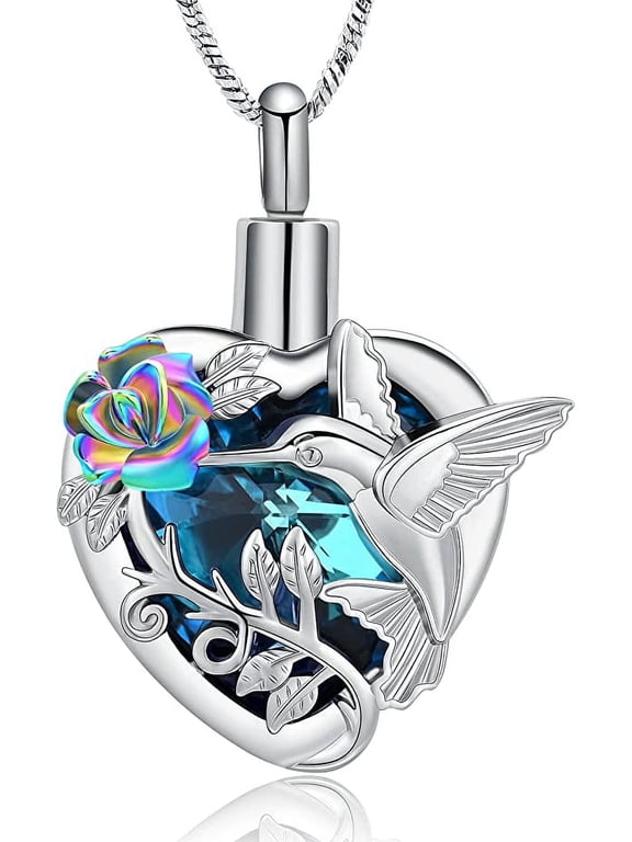 Hummingbird Urn Necklace for Ashes Crystal Heart Urn Ashes Necklace With Crystal Cremation Jewelry W/Funnel Filler Keepsake Memory Jewelry for Women