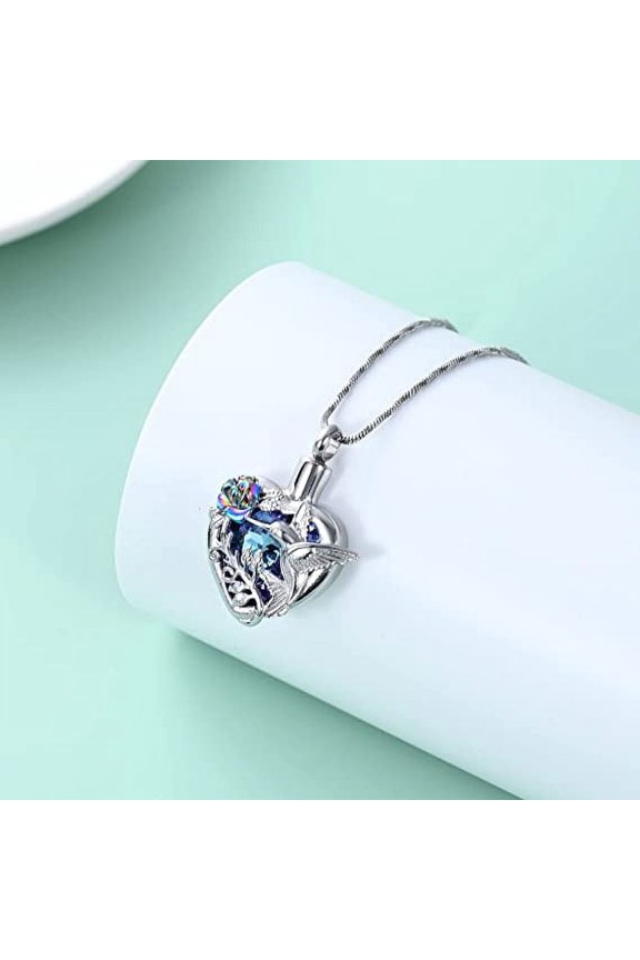 Hummingbird Urn Necklace for Ashes with Crystal Heart Cremation Jewelry w/Funnel Filler Keepsake Memory Jewelry Necklace of Loved One for Women