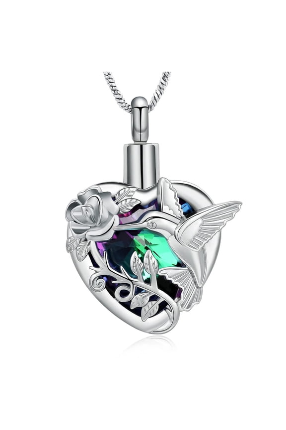 Hummingbird Urn Necklace for Women Ashes Rainbow Stone Bird Pendant Cremation Ashes Necklace with Crystal for Human / Pets