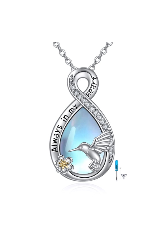 Hummingbird Urn Necklaces Sterling Silver Infinity Moonstone Cremation Necklace for Ashes Cremation Memory Jewelry for Women