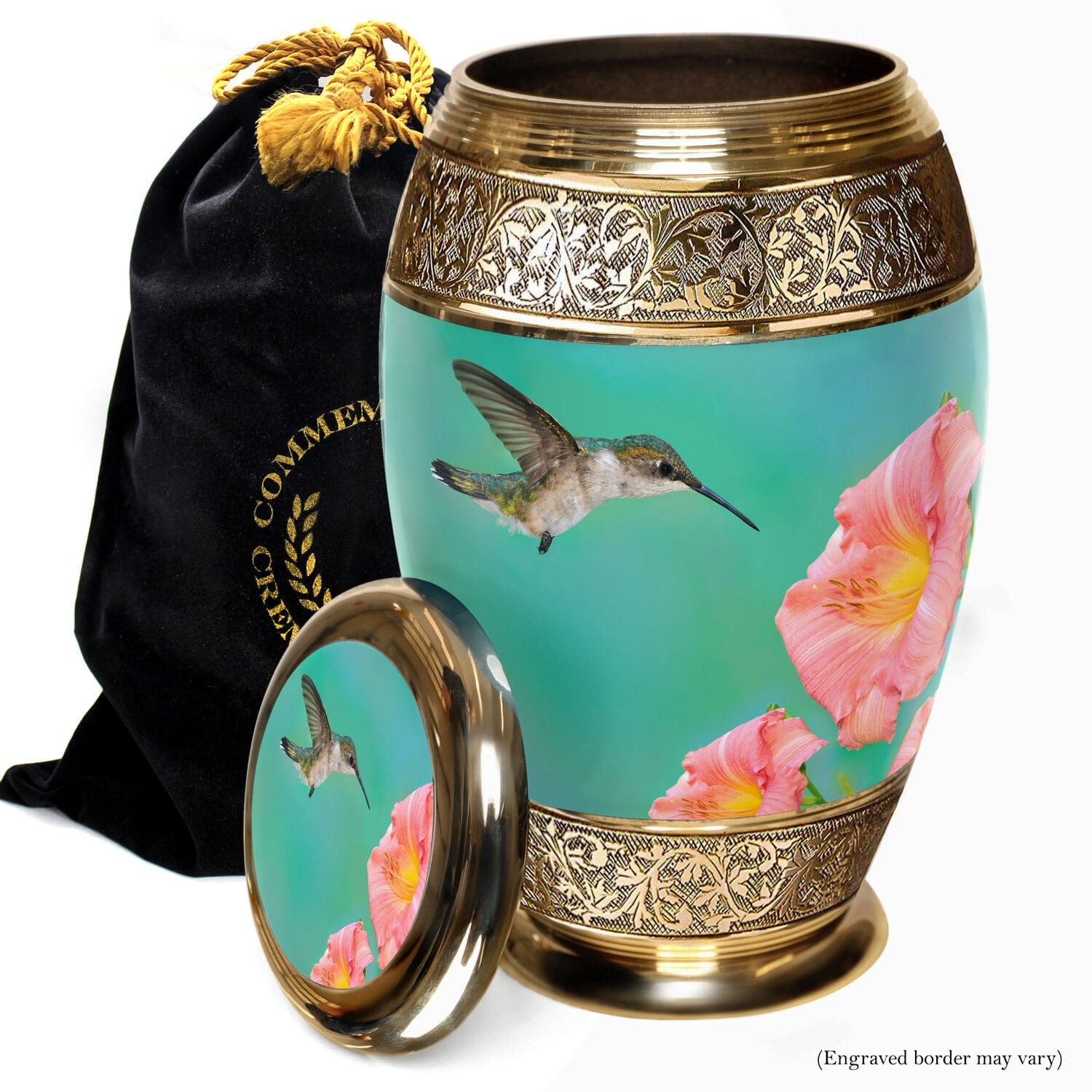 Hummingbird Brass Extra Large Cremation Urn with Floral Design