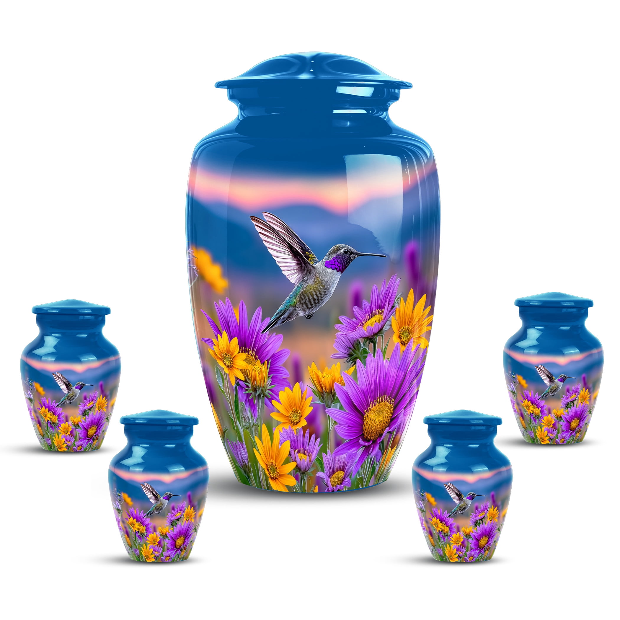 Hummingbird Urns For Ashes For Adult Male Dad - Flower Cremation Urn For Human Ashes Adult Female - Large Purple Decorative Urn For Mom - Keepsake Urns For Baby Girls ( Size-10inch 1pc, 3inch 4pc )