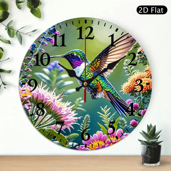 Hummingbird In Vibrant Garden Circular Wall Clock, Nature Floral Art Print, 10x10 Inch Round Decorative Timepiece, Silent Non-Ticking Clock, Battery Not Included, 1pc