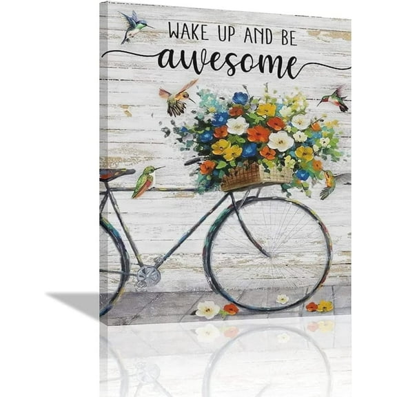 Hummingbird Wall Art Colorful Flowers Bicycle Wall Decor Inspirational Quotes Canvas Print Motivational Poster Farmhouse Floral Painting Artworks Decorations Framed for Bathroom Living Room Bedroom