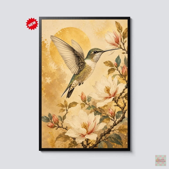 Hummingbird Wall Art Magnolia Flower Vintage Botanical Bird Decor Cottagecore Nature Artwork Floral Home Gift