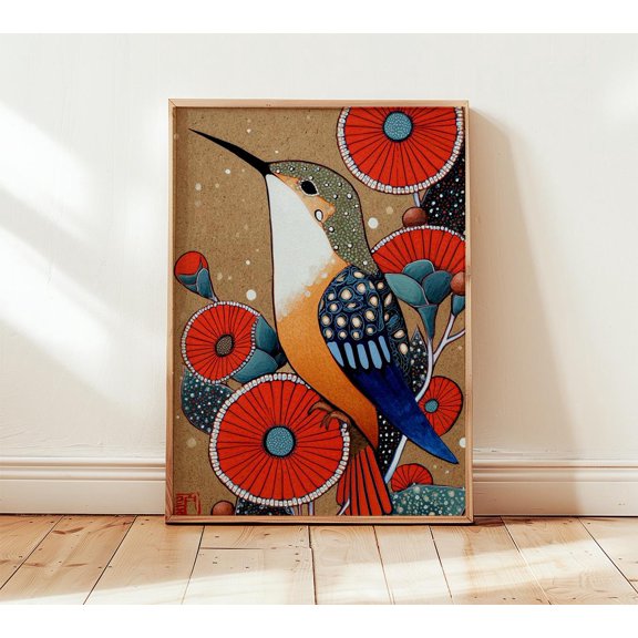 Hummingbird Wall Art Print, Modern Tribal Boho Floral Decor, Poster Only