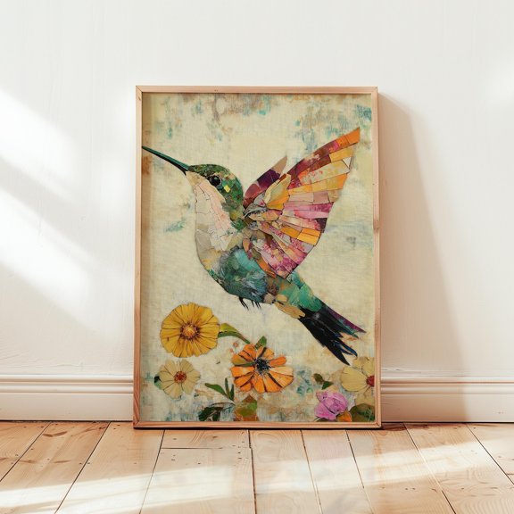 Hummingbird Wall Art Vibrant Bird Collage Boho Botanical Living Room Home Decor Summer Style Nature Wall Decor, Unframed Paper Print