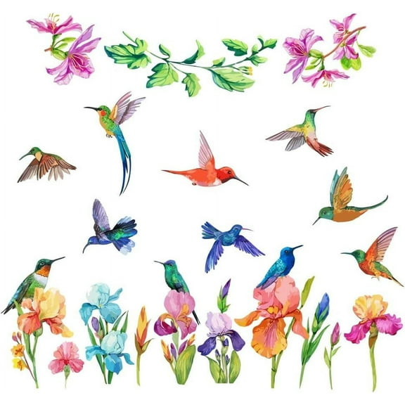 Hummingbird Wall Stickers Watercolor Flower Vinyl Wall Decals Self Adhesive Flying Bird Art Decor for Bedroom Nursery Playroom Living Room TV Wall Decorations