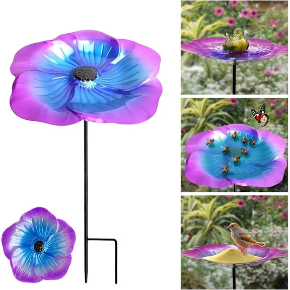 Hummingbird Watering Station, Flower Bird Baths with Vivid Flower Design, Standing Hummingbird Cup for Outside, Hummingbird Bath Feeder with Metal Stakes Butterfly Puddler Garden Yard Décor (Purple)