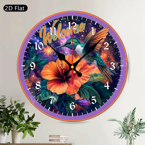 Hummingbird Welcome Round Wall Clock Silent Non Ticking Nature Garden Home Decor