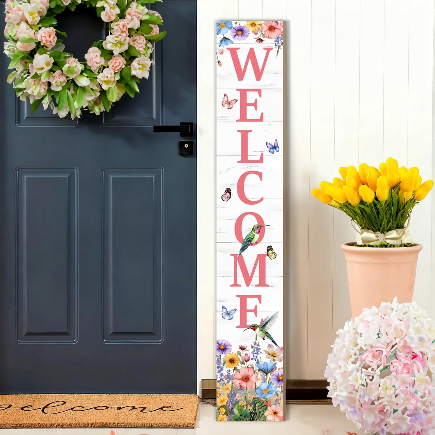 Hummingbird Welcome Sign For Front Door  Spring Porch Tulip Flowers Outdoor Yard Seasonal Tall Floral Wildflowers Wood Garden Patio Wall Home Decor