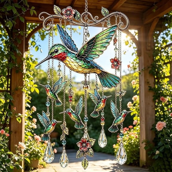 Hummingbird Wind Chimes, Vibrant Bird Wind Chime, Hanging Garden Decor With Crystal Pendants, Outdoor Patio Accent For Yard, Balcony, Memorial Keepsake Gift