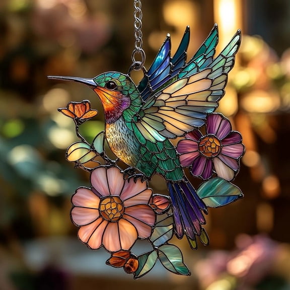 Hummingbird Window Hanging Suncatcher, Acrylic Suncatcher Hummingbirds and Flowers, Perfect Gift for Women and Elegant Home Wall Decor