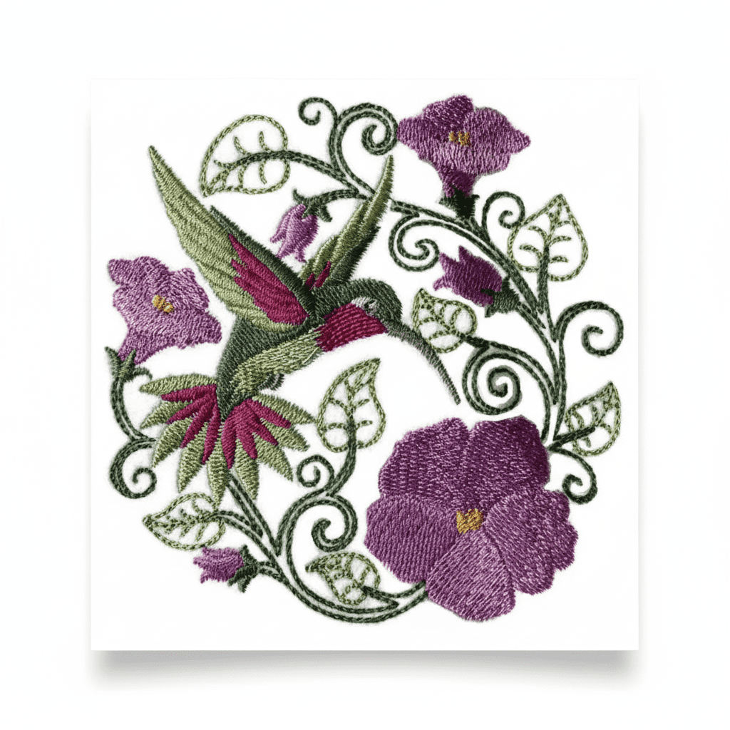 Hummingbird With Flower Circle Embroidered Iron on/Sew patch [5" X 5"]
