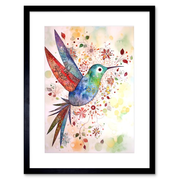 Hummingbird With Flower Patterns Folk Art Watercolour Painting Artwork Framed Print Wall Art 9X7 Inch