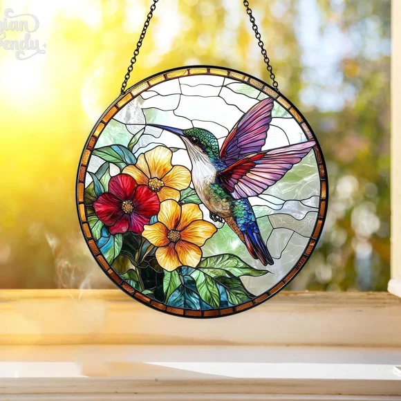 Hummingbird With Flower Stained Glass, Hummingbird Suncatcher, Bird Lover Gift
