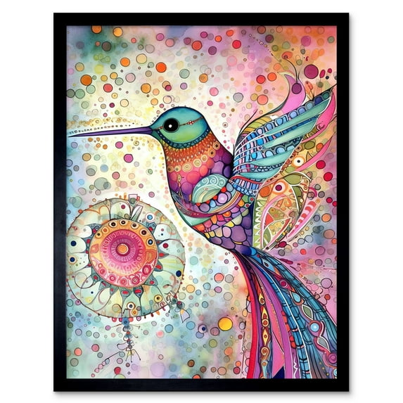 Hummingbird With Mandala Patterns Colourful Folk Art Watercolour Painting Art Print Framed Poster Wall Decor 12x16 inch