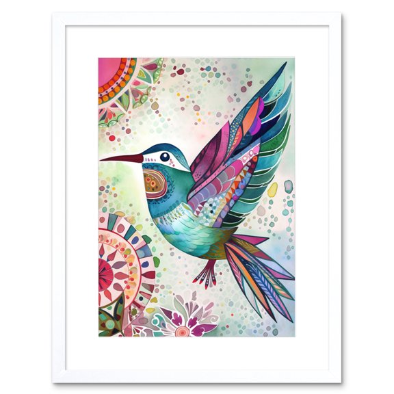 Hummingbird With Multicolour Mandala Patterns Folk Art Watercolour Painting Artwork Framed Print Wall Art 9X7 Inch