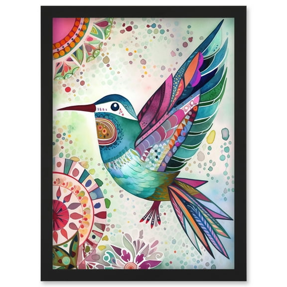 Hummingbird With Multicolour Mandala Patterns Folk Art Watercolour Painting Artwork Framed Wall Art Print A4